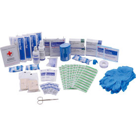 First aid kit with medical supplies displayed.