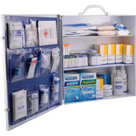 Open first aid kit with medical supplies.