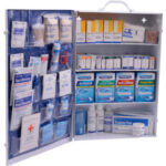 First aid cabinet with medical supplies.