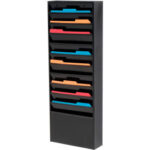 Wall-mounted file organizer with colorful folders.