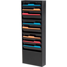 Wall-mounted file organizer with colorful folders.