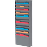 Wall-mounted organizer with colorful file folders.