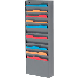 Wall-mounted organizer with colorful file folders.