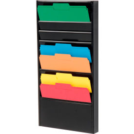 Wall-mounted file organizer with colorful folders.