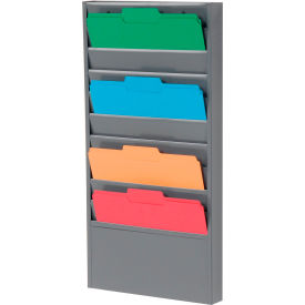 Wall-mounted file organizer with colorful folders.