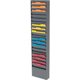 Wall-mounted file organizer with colorful folders.