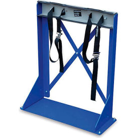 Blue metal stand with black straps.