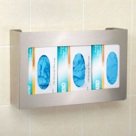 Wall-mounted glove dispenser with blue gloves.