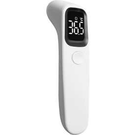 Digital infrared thermometer displaying temperature reading.