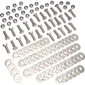 Set of metal bolts, nuts, and washers arranged orderly.