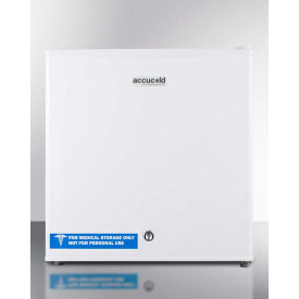 White medical storage refrigerator with blue label.