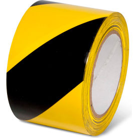 Yellow and black striped adhesive tape roll.