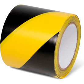 Yellow and black striped adhesive tape roll.