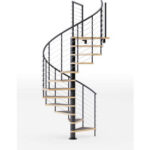 Modern spiral staircase with metal railing.