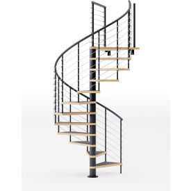 Modern spiral staircase with metal railing.