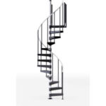 Metal spiral staircase with black steps.