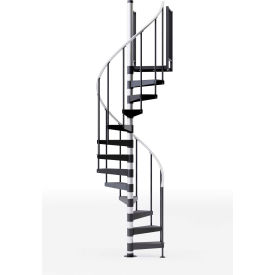 Metal spiral staircase with black steps.