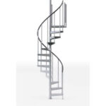 Metal spiral staircase against white background.