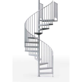 Silver spiral staircase with vertical railings.