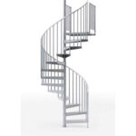 Silver spiral staircase with metal railings.