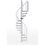 White spiral staircase against plain background.