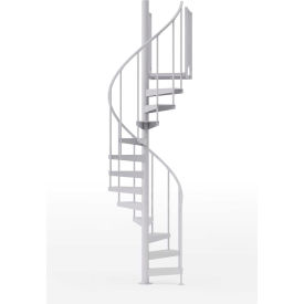 White spiral staircase against plain background.