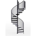 Black metal spiral staircase on white background.