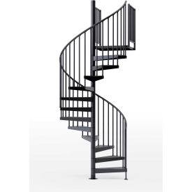 Black metal spiral staircase on white background.