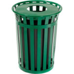 Global Industrial™ Outdoor Slatted Steel Trash Can With Flat Lid 36 Gallon Green