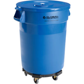 Global Industrial Plastic Trash Can with Lid & Dolly - 32 Gallon Blue