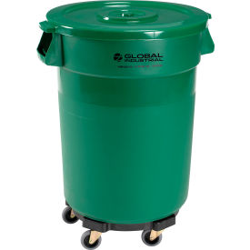 Global Industrial Plastic Trash Can with Lid & Dolly - 32 Gallon Green