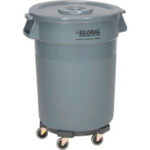 Global Industrial™ Plastic Trash Can with Lid & Dolly - 32 Gallon Gray