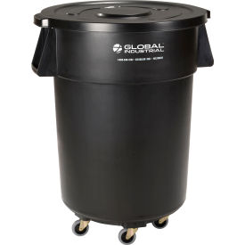 Global Industrial™ Plastic Trash Can with Lid & Dolly - 55 Gallon Black