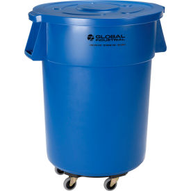 Global Industrial™ Plastic Trash Can with Lid & Dolly - 55 Gallon Blue