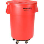 Global Industrial™ Plastic Trash Can with Lid & Dolly - 55 Gallon Red