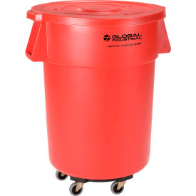 Global Industrial™ Plastic Trash Can with Lid & Dolly - 55 Gallon Red