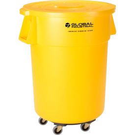 Global Industrial™ Plastic Trash Can with Lid & Dolly - 55 Gallon Yellow