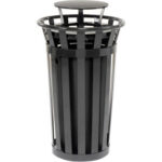Global Industrial™ Outdoor Slatted Steel Trash Can With Rain Bonnet Lid 24 Gallon Black