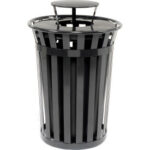 Global Industrial™ Outdoor Slatted Steel Trash Can With Rain Bonnet Lid 36 Gallon Black