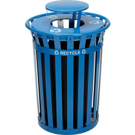 Global Industrial™ Outdoor Slatted Steel Recycling Can w/Rain Bonnet Lid 36 Gallon Blue