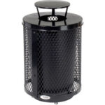Global Industrial™ Outdoor Diamond Steel Trash Can W/Rain Bonnet Lid & Base 36 Gallon Black