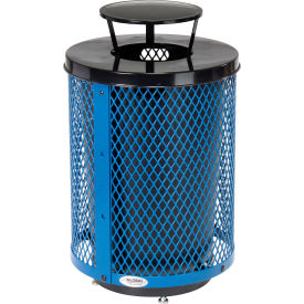 Global Industrial™ Outdoor Diamond Steel Trash Can W/Rain Bonnet Lid & Base 36 Gallon Blue
