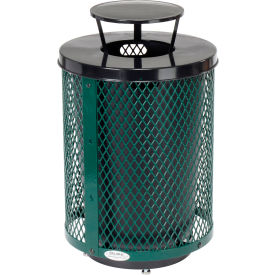 Global Industrial Outdoor Diamond Steel Trash Can W/Rain Bonnet Lid & Base 36 Gallon Green