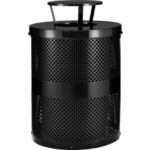 Global Industrial™ Outdoor Perforated Steel Trash Can With Rain Bonnet Lid 36 Gallon Black