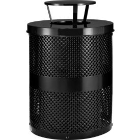 Global Industrial Outdoor Perforated Steel Trash Can With Rain Bonnet Lid 36 Gallon Black