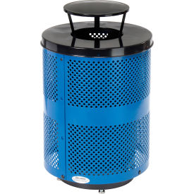Global Industrial Outdoor Perforated Steel Trash Can W/Rain Bonnet Lid & Base 36 Gallon Blue
