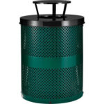 Global Industrial™ Outdoor Perforated Steel Trash Can With Rain Bonnet Lid 36 Gallon Green