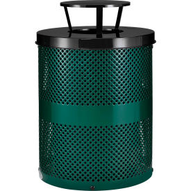Global Industrial™ Outdoor Perforated Steel Trash Can With Rain Bonnet Lid 36 Gallon Green