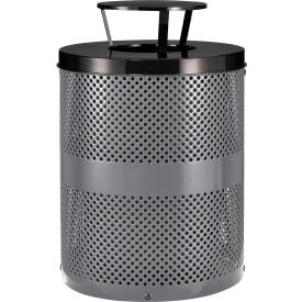 Global Industrial™ Outdoor Perforated Steel Trash Can With Rain Bonnet Lid 36 Gallon Gray