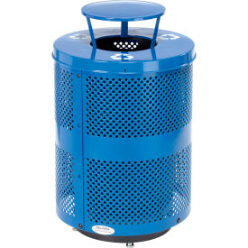 Global Industrial Outdoor Perforated Steel Recycling Can W/Rain Bonnet Lid & Base 36Gal Blue